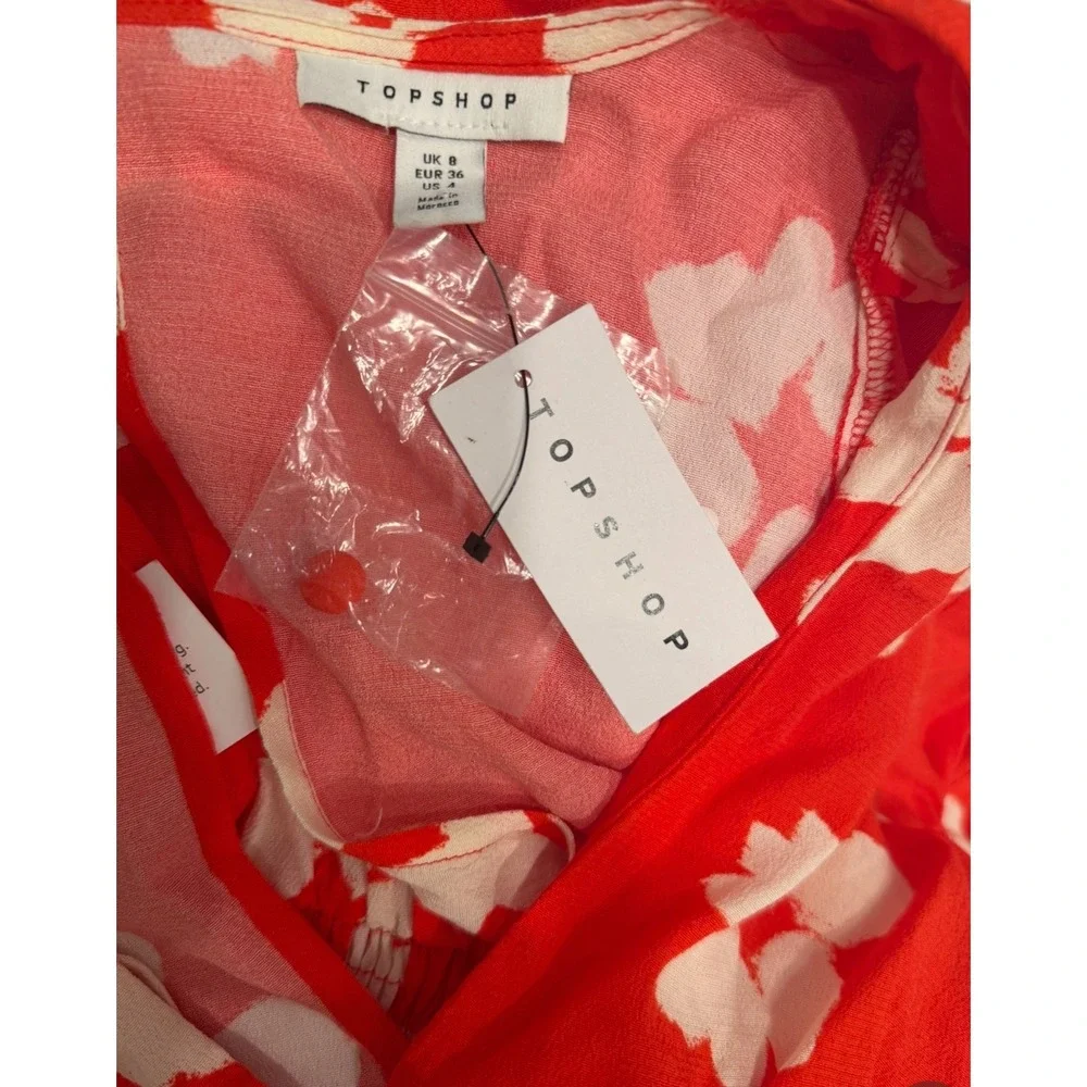 TOPSHOP Deep Orange Floral Print Short Sleeve V Neck Mini Dress UK‎ 8 US 4